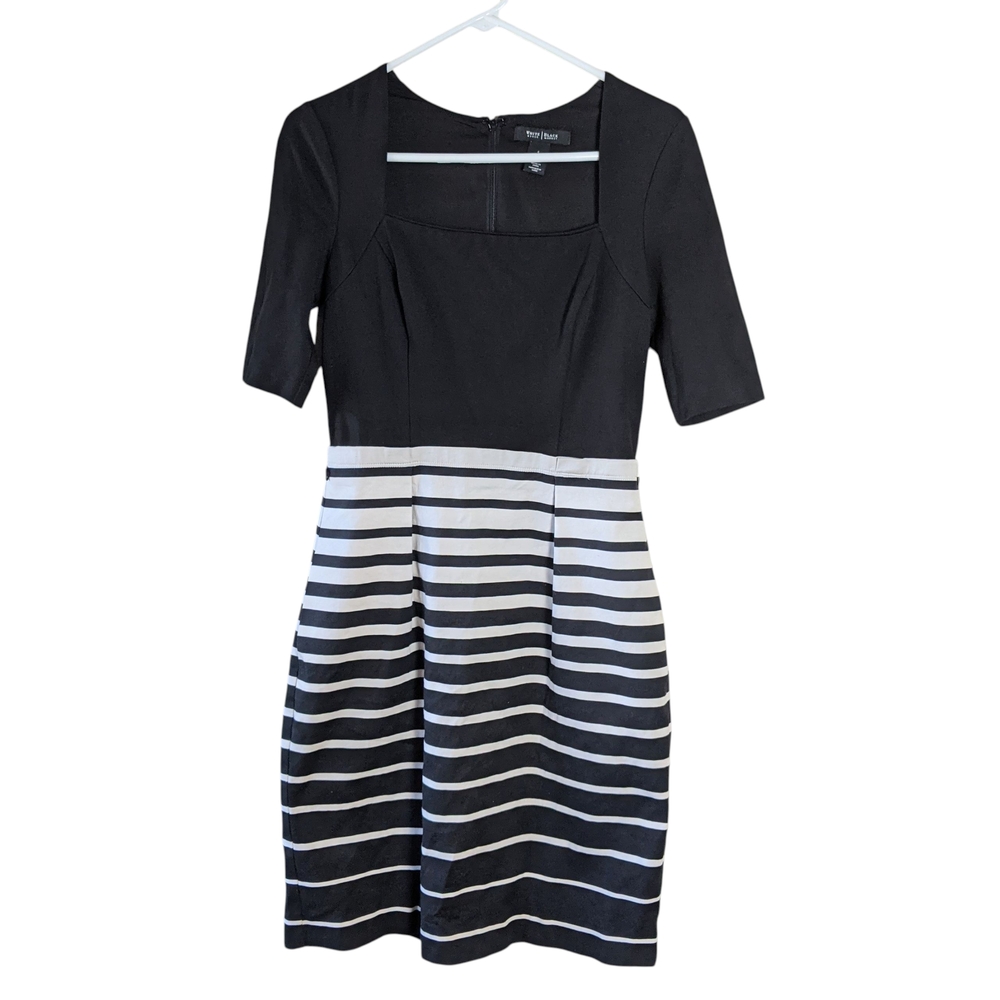 White House Black Market Black and White Sheath Dress Square Neck Midi Size 4 - Picture 1 of 9
